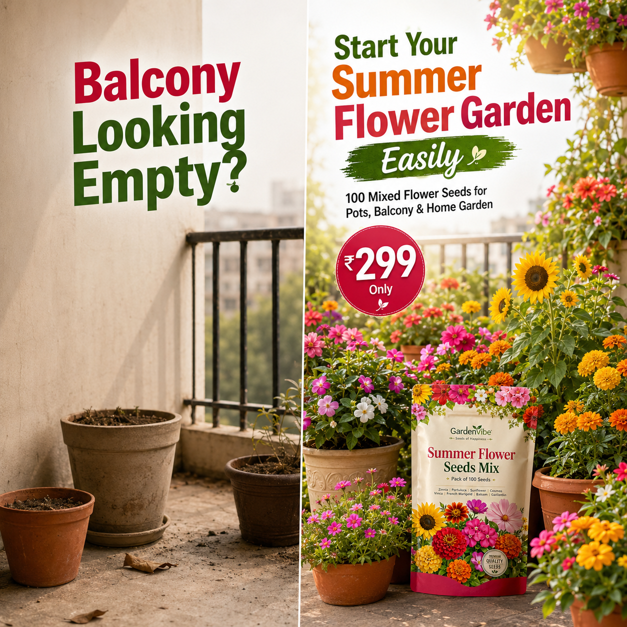 Summer Flower Seeds Mix – 100 Seeds Pack for Balcony, Terrace & Home Garden