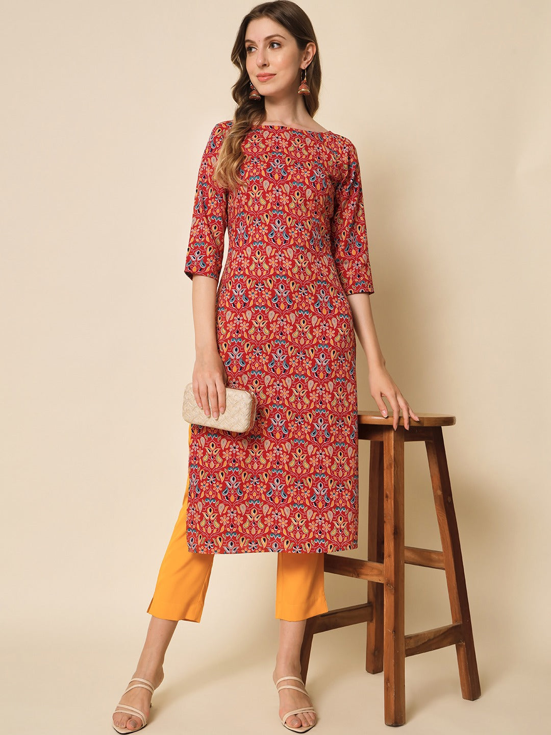 American Crepe & Rasal Net Kurti with Three-Quarter Sleeves