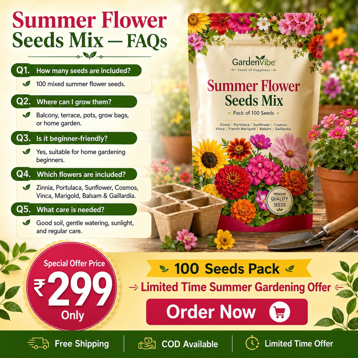 Summer Flower Seeds Mix – 100 Seeds Pack for Balcony, Terrace & Home Garden