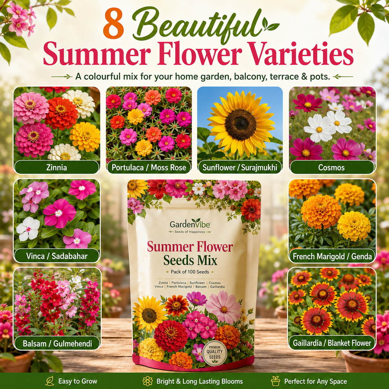 Summer Flower Seeds Mix – 100 Seeds Pack for Balcony, Terrace & Home Garden