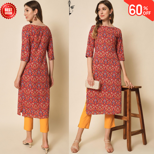 American Crepe & Rasal Net Kurti with Three-Quarter Sleeves