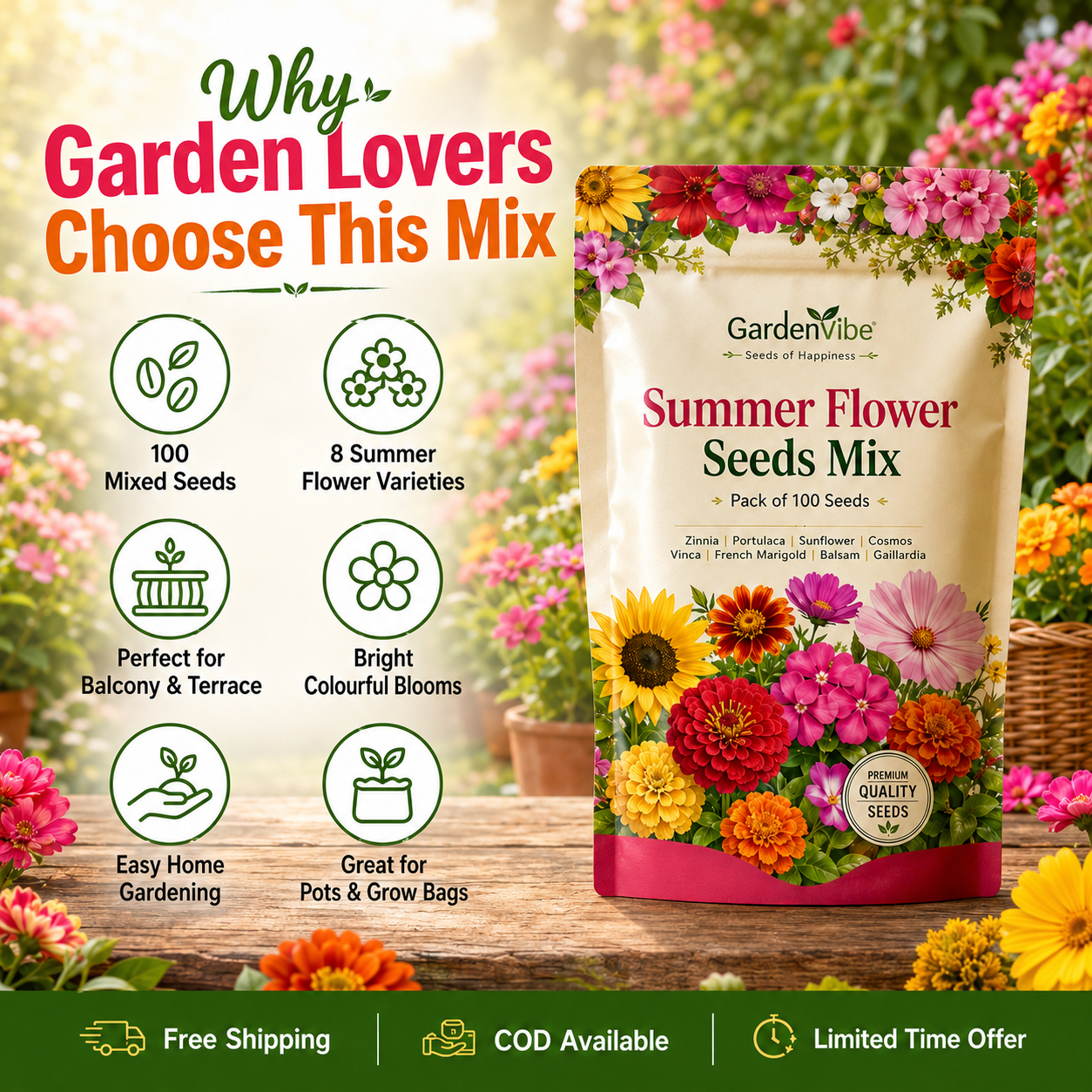 Summer Flower Seeds Mix – 100 Seeds Pack for Balcony, Terrace & Home Garden