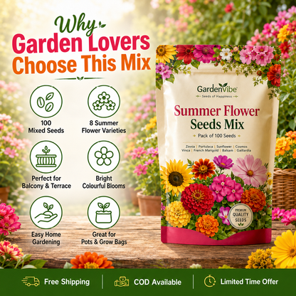 Summer Flower Seeds Mix – 100 Seeds Pack for Balcony, Terrace & Home Garden