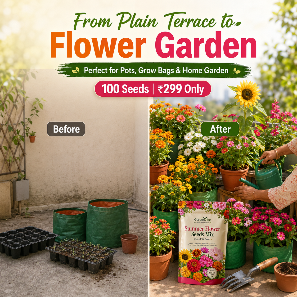 Summer Flower Seeds Mix – 100 Seeds Pack for Balcony, Terrace & Home Garden